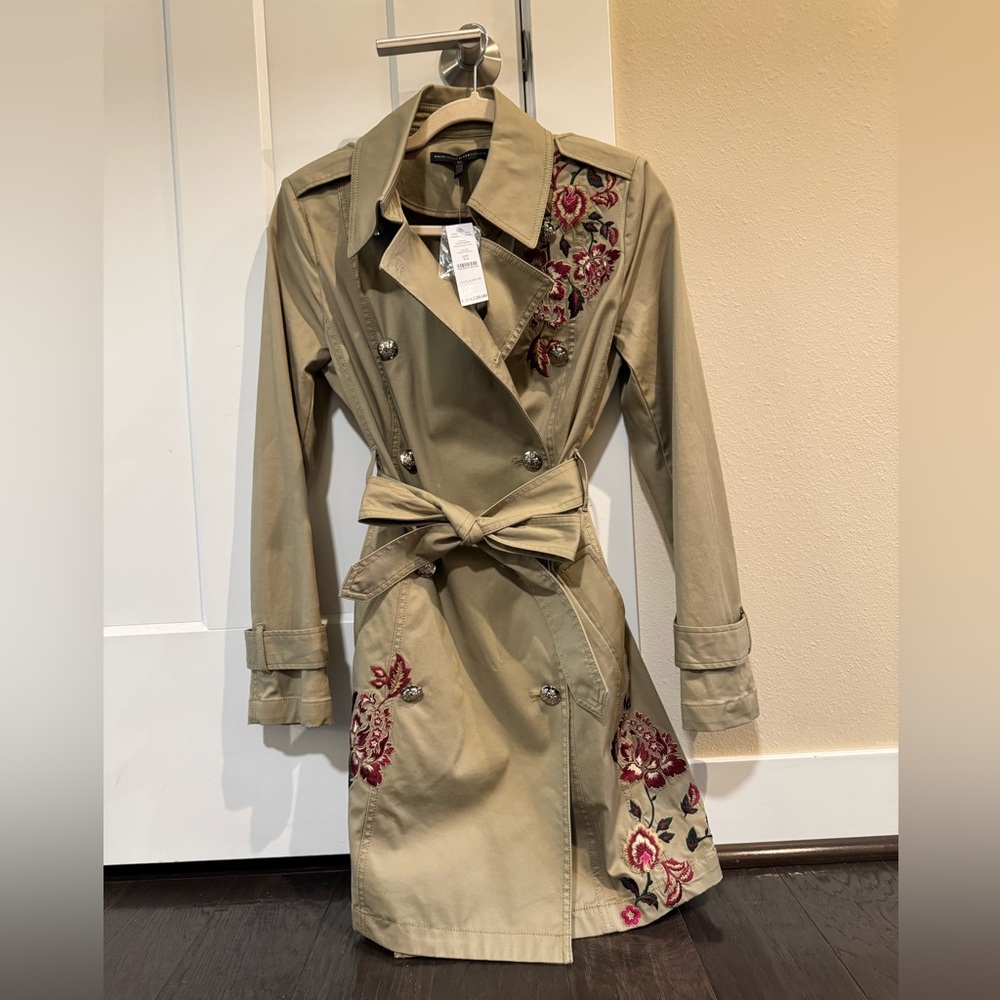 White House Black Market Beige Trench Coat with Red Embroidery